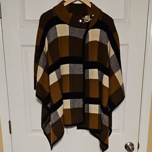 NWT Anne Klein Plaid Poncho Sweater with Buckle Detail